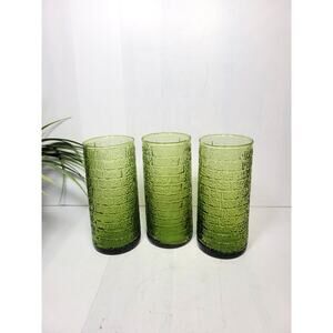 3 Vintage Bartlett Collins Brick Road Green Glass Tumblers, MCM